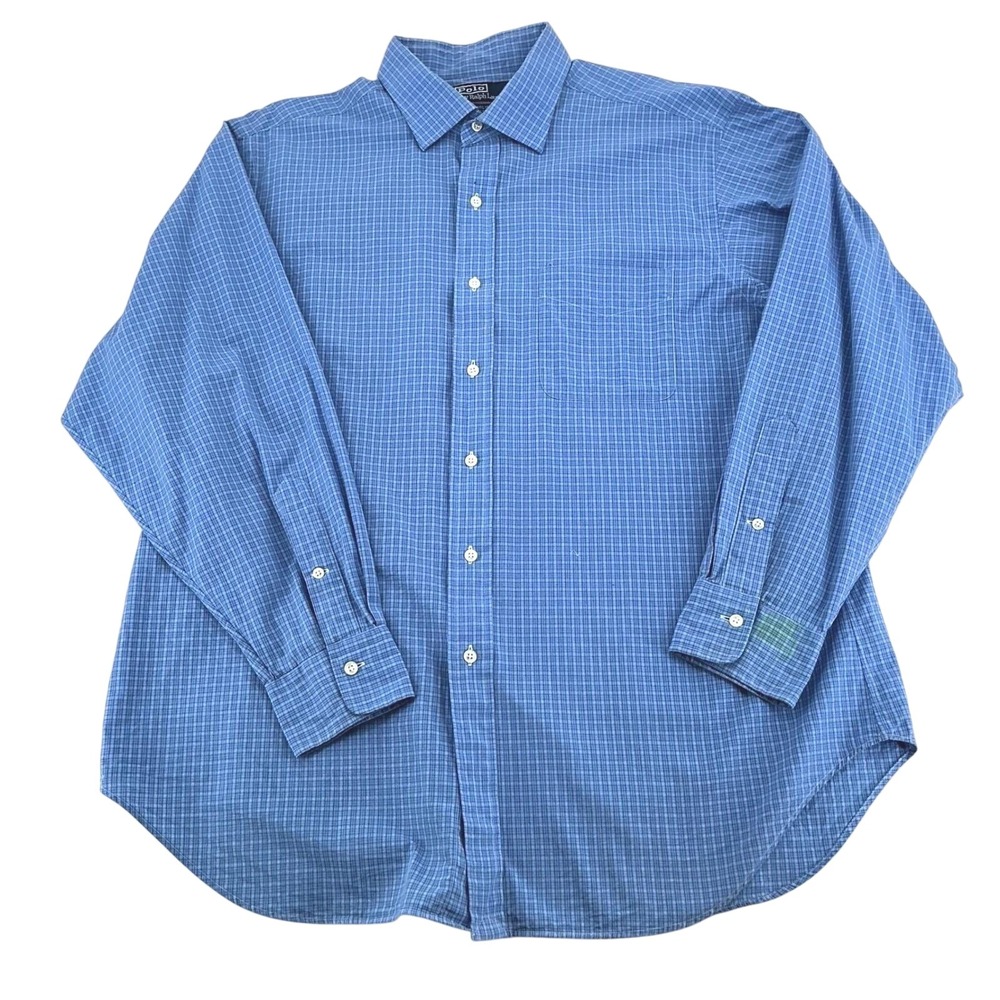 Vintage Polo Ralph Lauren Philip Dress Shirt Mens 17.5 Blue Micro Check 90s